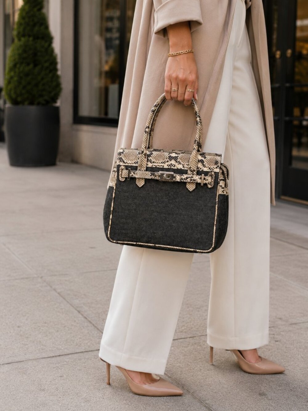 Castellari Milano Italian Leather & Denim Canvas Satchel-Snakeskin Leather Trim